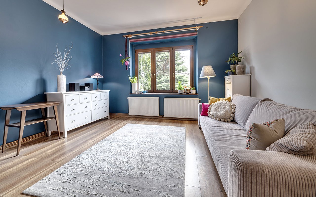 Fotografia wnętrz: salon z granatową ścianą i jasną sofą